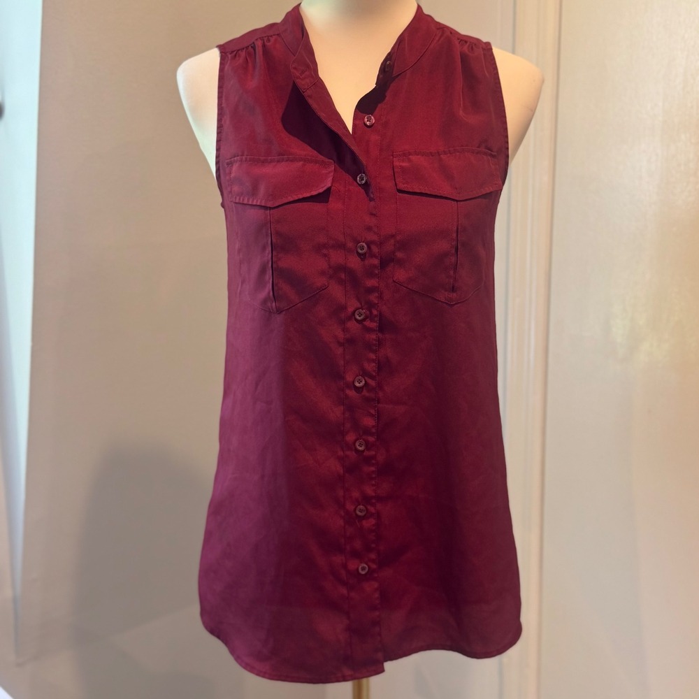 J. Crew Burgundy Sleeveless Utility Blouse Button Down Top Double Pocket | 2
